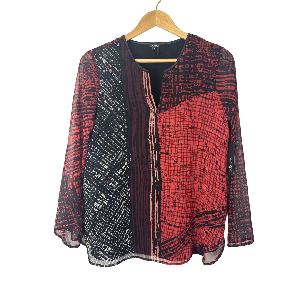 Nic + Zoe Abstract Tunic Blouse Womens M Artsy Leather Trim Split Neck Lined Top